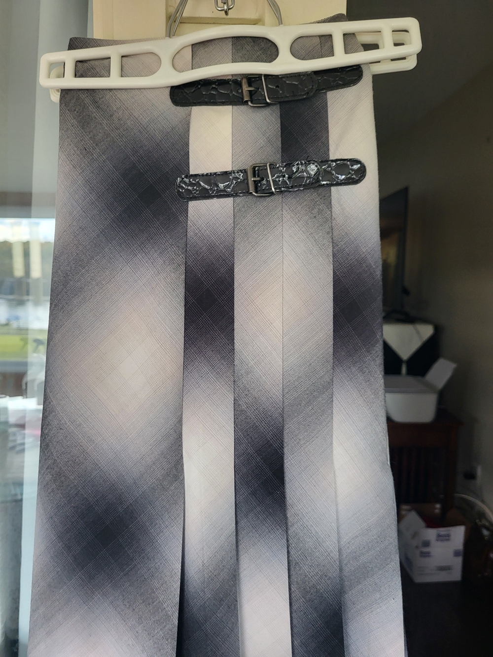 Jessica Ombre Black and White Pleated A-Line Skirt with Buckle Straps
